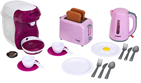 Theo Klein 9597 Bosch Breakfast Set I Pink kitchen accessory set incl. toaster, coffee maker and kettle I With crockery, cutlery and dummy fried egg I Toys for children aged 3 and over