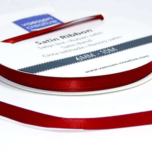 Vaessen Creative Satinband, Dunkelrot, 6 mm x 10 m Doppelsatinband, Schleifenband, Dekoband, Geschenkband, Stoffband für Hochzeit, Taufe und Geburtstagsgeschenke
