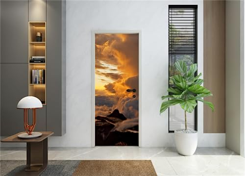 FLFK 3D Oranger Sonnenaufgang auf dem Berg Türtapete selbstklebend Türposter Vinyl Entfernbar Türaufkleber Aufkleber Zuhause Dekor 30.3Zoll x78.7 Zoll