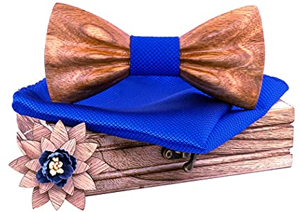 HZQIFEI Jeu de Nœud Papillon en Bois, Noeud Papillon Bois avec Carré de Tissu et Broche en Bois pour Cadeau, Réception, Mariage (C10, 3Pcs)