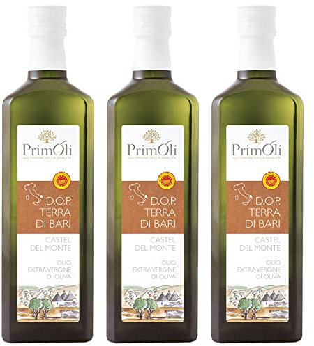 Olio extra vergine d'oliva Dop Terra di Bari PrimOli prodotto e imbottigliato in provincia di Bari, fruttato intenso con aromi erbacei, ideale usato a crudo su minestroni ed arrosti saporiti, 3x500 ml
