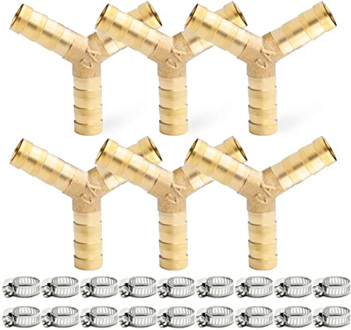 Bwintech 6 Stück Schlauchtüllenfittings, 6 mm 3 Wege Y förmiger Messing Tüllenanschluss mit 18 Klemmen