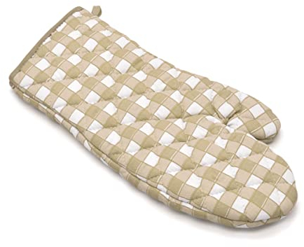 Pack of 2 Single Oven Glove Kitchen Accessory Gauntlet Mitts Gingham Check Non Slip for Grill/BBQ/Cooking/Baking (Cream/Beige)