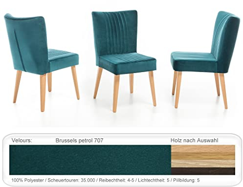 expendio 6X bequemer Polsterstuhl Jeta Stoffbezug Velours Esszimmerstuhl Massivholz Massivholzstuhl Küchenstuhl Verschiedene Varianten, Holzart:Eiche Bianco, Bezugstoff:Brussels Petrol