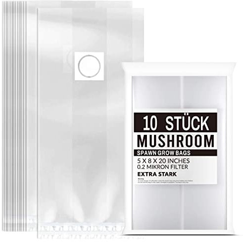 MissFox 10 Stück 32 x 50 cm Pilzzucht Beutel, Reißfest Hochtemperatur Pilz-Pflanzbeutel mit 0.2 Mikron Filter, PVC Mushroom Spawn Grow Bag für Gartenbau, Grow-Zelt oder Gewächshaus