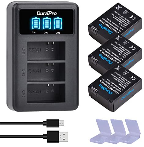DuraPro Batteria AHDBT-301 da 1250 mAh + caricatore USB LCD a 3 slot per fotocamere d'azione Gopro Hero 3 3+