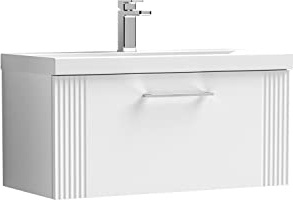 nuie DPF196D Deco Modern Bathroom Wall Hung 1 Drawer Part Fluted Vanity Basin Unit with Thin-Edge Ceramic Basin, 800mm, Satin White