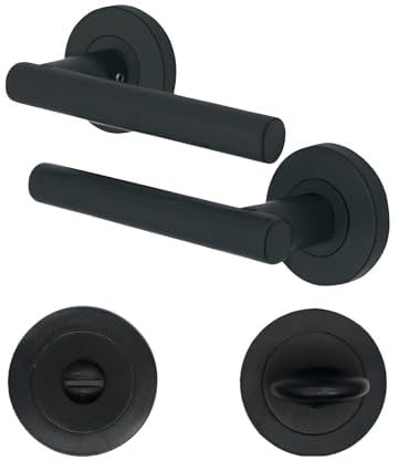 EAI Round Internal Bathroom Door Handle & Thumb Turn Set - Matt Black | Universal Black Door Handles for Indoor | Loo & Toilet Door Lever on Rose | Lockable Interior Handles
