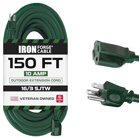 Iron Forge Cable 150ft Outdoor Extension Cord, 16/3 SJTW Green Electrical Cord with 3 Prong Ground Plug for Safety, 16 Gauge Waterproof Extension Cord, Ideal for