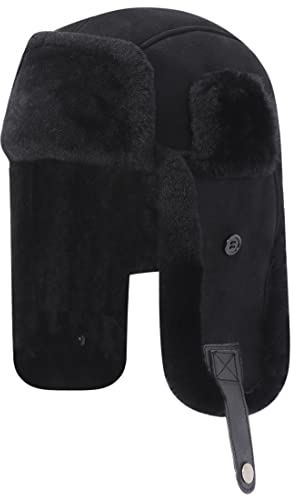 Harssidanzar Lammfell Shearling Wintermütze für Herren und Damen Echtes Leder Trappermütze Fliegermütze Aviatormütze Hut mit Ohrenklappen CU603EU, Schwarz, Größe XL