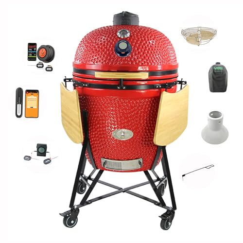 YNNI 27.4 RED XXL Chip Feeder Kamado Bundle Oven BBQ Grill Extra inc Trolley TQTT27RE