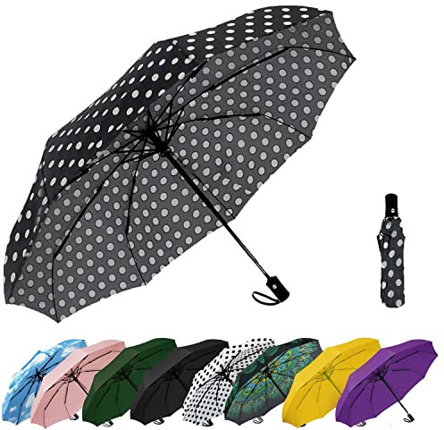 SIEPASA Winddichter Reise-Regenschirm, automatischer Regenschirm für Regen, kompakter faltbarer Regenschirm, Reise-Regenschirm, kompakter Regenschirm, Schwarz mit Punkten