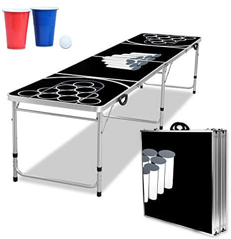 TRMLBE Bierpong Tisch inkl. Beer Pong Becher Set 50 Rot & 50 Blau Becher & 5 Bälle Bierpongtisch Höhenverstellbar Bier Pong Tische aus Aluminium & MDF