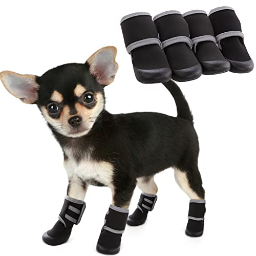 PUMYPOREITY 4 Stück Hundeschuhe Pfotenschutz, wasserdichte Anti-rutsch Hundestiefe Schneeschuhe Pfotenschutz mit Reflektierendem Riemen Regenschuhe Hundestiefelmit Paw Protector für Hunde(Schwarz, M)