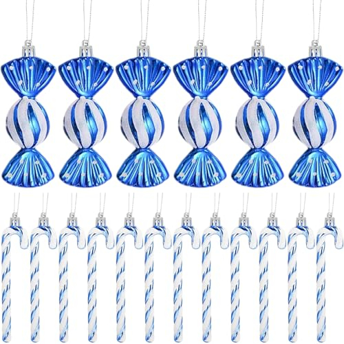 18 Stück Zuckerstangen Weihnachten Deko Weihnachtskugeln Zuckerstangen Deko Glitzer Weihnachtsbaumschmuck Blau & Weiß Süße Weihnachtsanhänger Weihnachtsbaum Deko