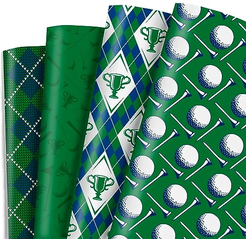 Dtiafu Golf-Geschenkpapier für Männer, Jungen, Mädchen, 8 Blatt, grünes, elegantes Geschenkpapier mit 4 Golfmeister-Karomustern für Geburtstag, vorgeschnittenes und flaches Design (50,8 x 68,6 cm pro