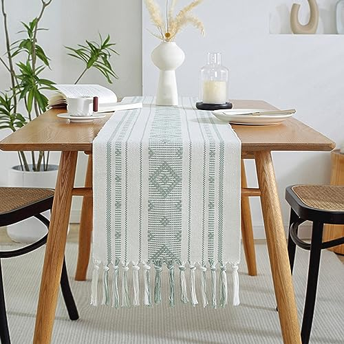 Aiuuee Tischläufer Boho, Baumwollflachs Läufer Tisch Beige Grün 33x183 cm, Abwaschbar Vintage Makramee Tischläufer mit Quasten, Tischdecke Läufer Tischdeko(Grün)