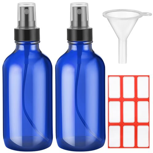 Fumete Bouteilles en verre de 118 ml rechargeables avec 1 étiquette et 1 entonnoir pour cheveux, voyage, plantes, nettoyage de la peau (bleu, dessus noir, style classique)