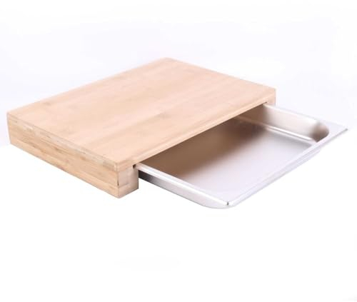 Planche à Découper en Bois avec Tiroir Intégré en Inox 38.5x26.5x5.5cm