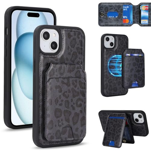 Zouzt for iPhone 15 Plus Wallet Case Compatible with MagSafe, iPhone 15 Plus Card Holder Case 15Plus Case with Card Slot 15 Plus Magnetic Car Kickstand Cover for 6.7 - Black Leopard
