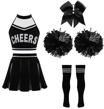 Doomiva 4PCS Cheer Leader Kostüm Set Mädchen Tanzkleid Festlich Tanzkostüm Kanreval Faschingskostüm mit Socken Kopfbedeckung Und Pompons Schwarz + Weiß 170-176