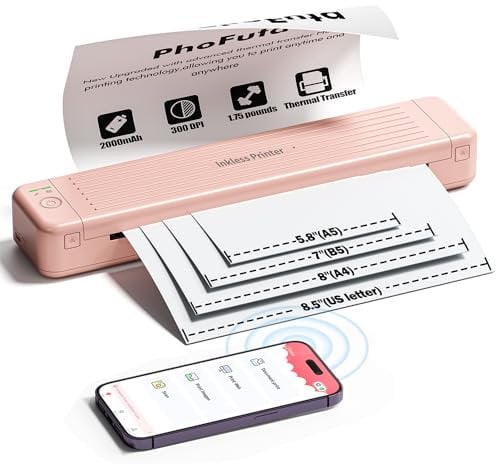 PhoFuta Mobiler Drucker Pink - Bluetooth Handydrucker Tragbar, Upgraded 300dpi für Mehrere Papiergrößen, Thermopapier und A4 für Unterwegs und Reise