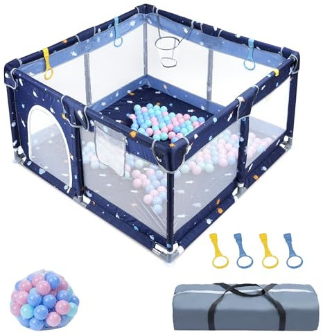 UISEBRT Laufstall Baby Laufgitter 130x130cm Absperrgitter mit Atmungsaktivem Netz, 30 Bällen, Mini-Körbchen, Sicherheitsspielplatz Krabbelgitter für Kinder, Blau