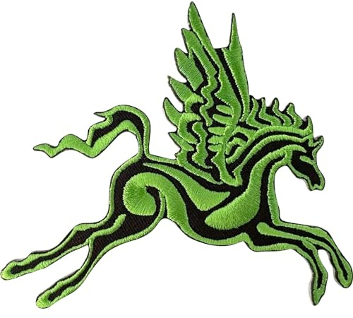 Pegasus Aufnäher zum Aufbügeln oder Aufnähen auf Kleidung, Tasche, Schwarz / Grün, geflügeltes Pferd, bestickt
