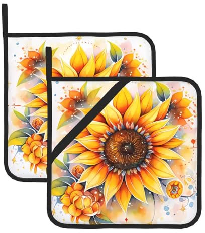 Chrysm Set di 2 presine gialle con girasole in olio, sottopentola da cucina, sottopentola per microonde, resistenza al calore e barbecue