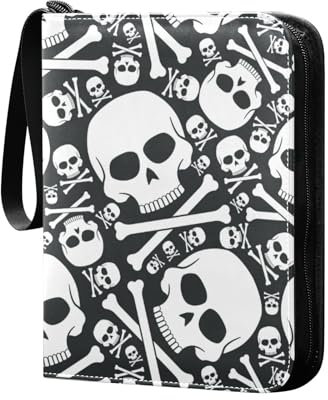 Totenkopf mit Knochen Sammelkartenalbum 4 Taschen Kartenordner 50 Seiten 400 Karten PU Reißverschluss Kartenbinder Aufbewahrungshalter für Sportspielkarte
