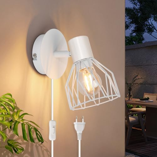 Kimjo Applique Murale Intérieure avec Interrupteur et Prise - Lampe Murale Salon Applique Murale Chambre Blanc E14 - Aplique. Intérieur Murale Industrielle - Luminaire Mural Interieur non Ampoule