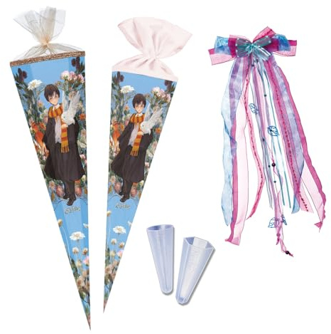 Nestler Schultüten-Set zum Befüllen, Handgemachte Zuckertüte aus Karton - Lizenzmotiv Harry Potter - Fantasy, Schultüte, Spitzenschutz, Schleife (70 cm rund)