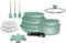 Arthur Martin, AMV18, set di pentole in alluminio da 18 pezzi con rivestimento grip, coperchi in vetro e utensili in legno, compatibile con tutte le fonti di calore, misura 20-22-26 cm, Verde