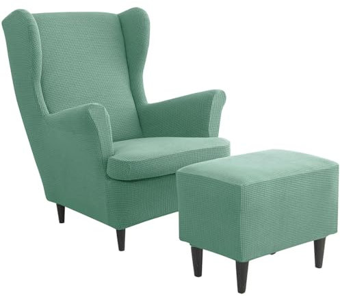 CLGTY 2 Teilig Ohrensessel Überzug Mit Hockerbezug Kariert, Stretch Ohrensesselbezüge Mit Ottomane Schonbezug Abnehmbar Ohrensessel Schonbezuge Waschbar-grün-3 Stück