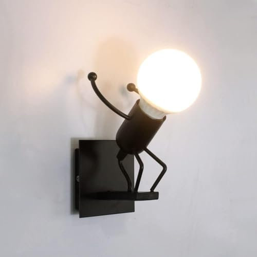GANGUIO Wall Sconce Cartoon Indoor Wall Light E27 Creative Small Iron Man Wall Lamp Black Vintage Metal Wall Lighting Fixtures for Children's Bedroom, Corridor, Living Room (Black A)