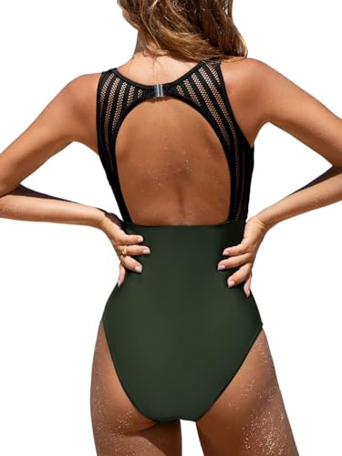 CUPSHE Women's Swimming Costume Tummy Control Swimwear High Neck Cutout Back Hook Mesh One Piece Swimsuit Dark Green L