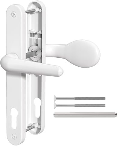 Bwintech 1 Pcs Poignée de Porte en Aluminium Blanc pour Porte en PVC, Levier/Pad Inline 92mm, 211mm Distance de Trou de Vis, 243mm Longueur de Plaque Poignée de Porte Avant pour Porte en PVC