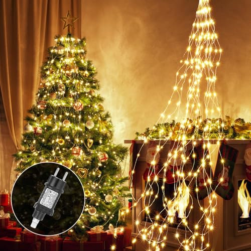 Apritsce Lichterschweif, 2 M 200 LED Lichterkette mit Stecker, Lichterkette Wasserfall 8 Modi, LED Weihnachtsbeleuchtung mit Timer, Lichterbündel für Weihnachten Baum Balkon Innen Deko