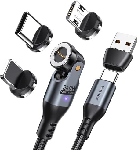 VAFOTON Cable de Carga Magnético USB C de 240W 9Pin, 540° 48V/5A Carga Rápida, Cable Magnético de 1.8M, 6 en 1 Cable de Carga USB C/A Magnético para Tipo C/Micro USB/i-Productos/M Book Pro.