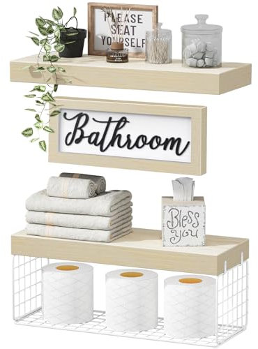 QEEIG ‎Étagères de salle de bain au-dessus des toilettes - Rangement mural en papier - Décoration de ferme - Décoration esthétique - Petite étagère flottante - 2 + 1 lot de 2 + 1 - 40,6 cm - Naturel