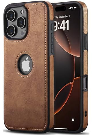 AIOVETEAB Cover Compatibile con iPhone 16 Pro,PU Pelle Premium Custodia Slim Sottile Retrò Business Flessibile Antigraffio Case Posteriore Protettiva Per iPhone 16 Pro,Marrone