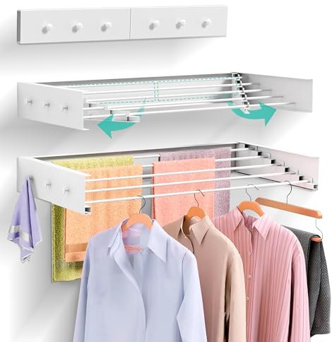JUPPLIES - Tendedero Pared Plegable Retractil 80cm con Perchero Lateral - Tendederos Plegables de Pared para Interior o Exterior - Diseño Compacto de 30 kg de Capacidad - (80cm, Blanco)