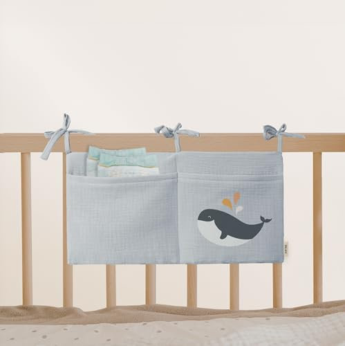 Babybett Aufbewahrungstasche aus 100% Baumwolle Musselin, für das Beistellbett, Babybett, Kinderbett. Ideal zum Verstauen von Windeln, Schnullern (Happy Whale)