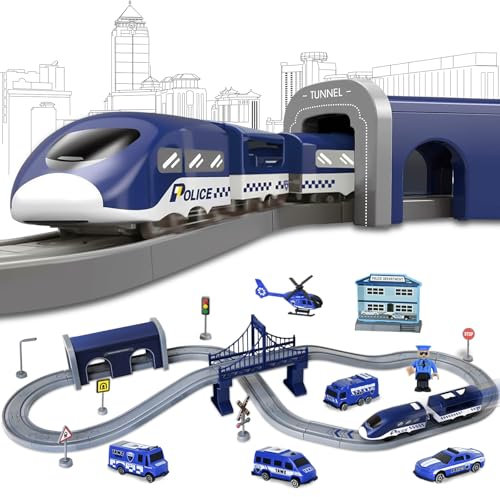 Joellfuner Train Électrique Enfant 3 4 5 6 7 Ans, Train Circuit Voiture Électrique Enfant, Jouets Enfants Véhicules de Construction, Jeu de Piste Voitures de Course Cadeau Garçon Fille