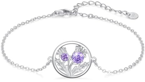 TRISHULA Schottischer Distelarmband aus 925 Sterling Silber Amethystarmband Schottische Distel Liebe-Symbol Schmuck Geschenke für Frauen Freunde Geburtstag Weihnachten