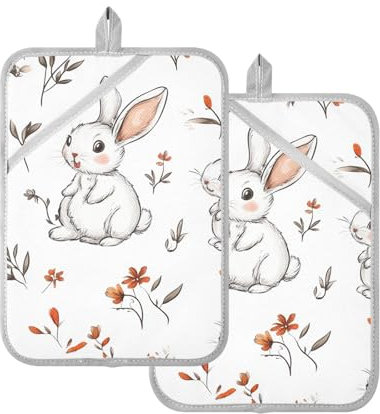 Foiosoh Topflappen für die Küche, hitzebeständig, Cartoon-Motiv süßer Hase, weiße Topflappen für Küche, Topflappen für Küche, Ofenhandschuhe, 2 Stück