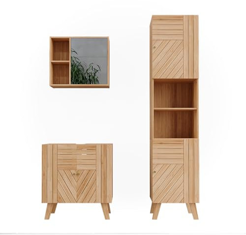 Vicco Badmöbel-Set Bambus Lucie, bestehend aus Bad Spiegelschrank, Waschbeckenunterschrank, Hochschrank - Viel Stauraum Oben und unten