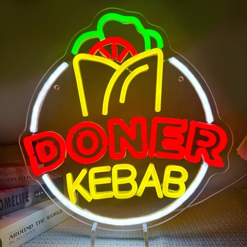 Artlast Doner Kebab - Letrero de neón para decoración de pared, luz de neón colorida para restaurante, decoración de pared, letrero de comida rápida, letrero para colgar en la pared para tienda de