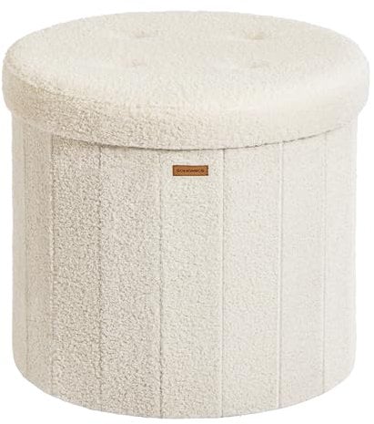 SONGMICS Mazie Kollektion – Sitzhocker rund, Fußhocker mit Stauraum, Faltbarer Hocker mit abnehmbarem Deckel, einfache Montage, Fleece, Wohnheim, Schlafzimmer, Wohnzimmer, cremeweiß LSF606W01