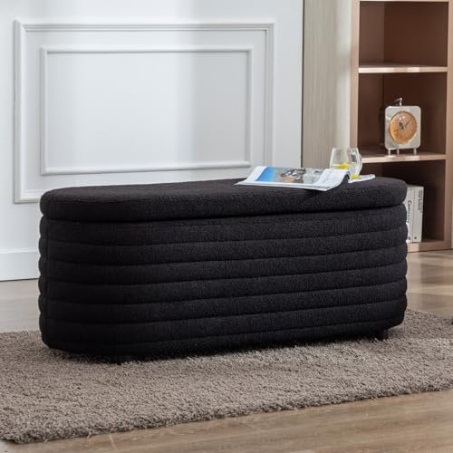 Ya-Home Banc de Rangement en Fausse Fourrure Coffre de Rangement Banc d'Entrée Pouf Chambre Bout de Lit Volume 120L, Noir